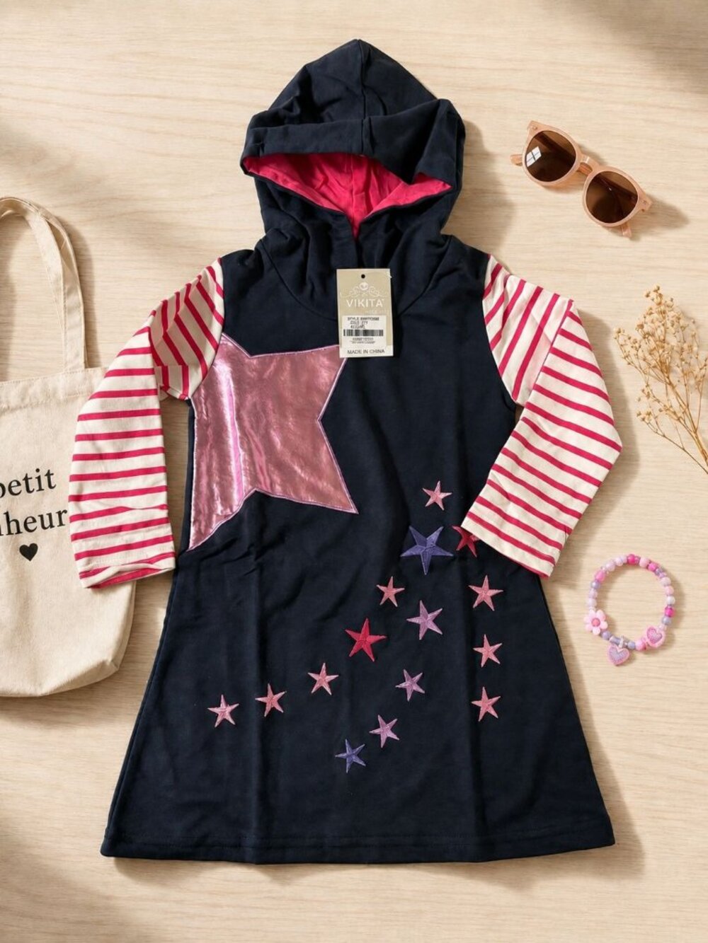 Vikita Toddler Girls Hooded Sweatshirt Dress Stars Stripes 2-3Y Navy Pink NEW